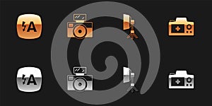 Set Auto flash, Photo camera with, Softbox light and icon. Vector