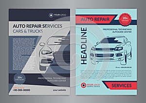 Set auto repair business layout templates, automobile magazine cover, auto repair shop brochure, mockup flyer.