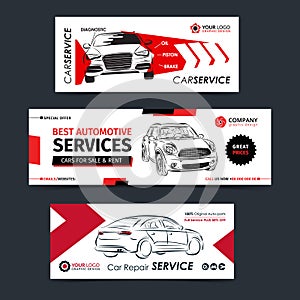 Set of auto repair service banner, poster, flyer. Car service business layout templates.