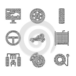 Set Auto service check automotive, Car brake disk with caliper, Tire pressure gauge, radiator cooling system, wash