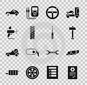 Set Auto service check automotive, Car headlight, Hammer, Steering wheel, tire, Paint spray gun, Broken car and