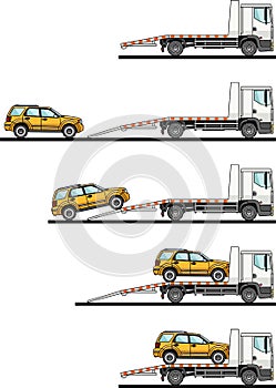 Set of auto transporter and car isolated on white background in flat style in different positions. Vector illustration.