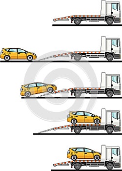 Set of auto transporter and car on white background in flat style in different positions. Vector illustration.