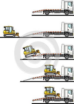 Set of auto transporter and dozer isolated on white background in flat style in different positions. Vector illustration