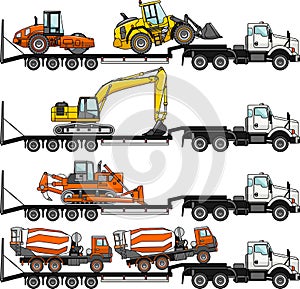 Set of auto transporter and heavy construction machines isolated on white background in flat style in different