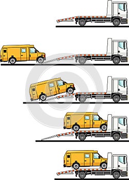 Set of auto transporter and van on white background in flat style in different positions. Vector illustration.