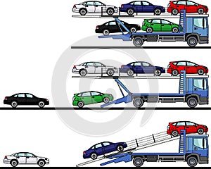 Set of auto transporters isolated on white background in flat style in different positions. Vector illustration.