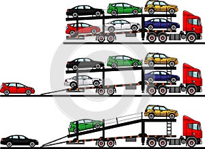 Set of auto transporters on white background in flat style in different positions. Vector illustration.