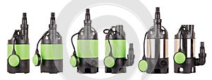 Set of automatic drainage pumps with float for pumping water from flooded rooms, bore holes, basements. Isolated white