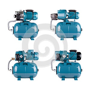 Set automatic water supply stations, isolated white background. Iron pump casing, pressure sensor. Blue color station