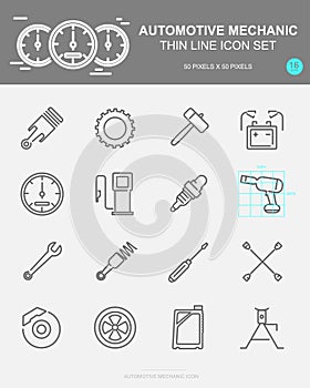 Set of AUTOMOTIVE MECHANIC Vector Line Icons. Includes wheel, oil, gear, battery and more