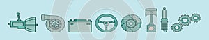 Set of automotive parts cartoon icon design templates with various models. vector illustration isolated on blue background