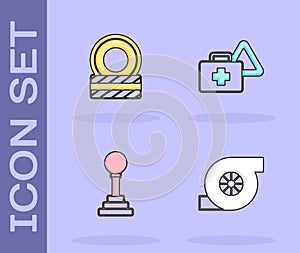 Set Automotive turbocharger, Car tire wheel, Gear shifter and First aid kit and warning triangle icon. Vector