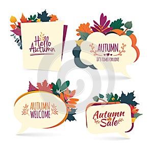 Set autumn bubbles. Design banner with autumn sale and hello logo. Discount card for fall season with herb. Promotion