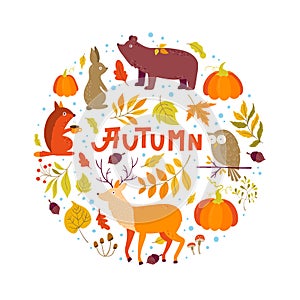 Set of Autumn cartoon characters, plants and leaves. Fall season