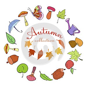 Set of Autumn color doodle icons.