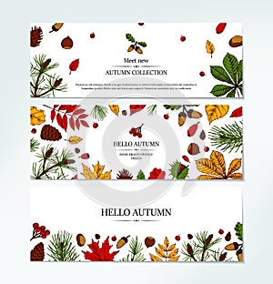 Set of autumn horizontal banners with hand drawn leaves, pinecone, Christmas tree branch, acorn and berries isolated on white.