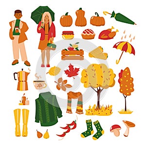 Set of autumn items on white background Fall season illustrations