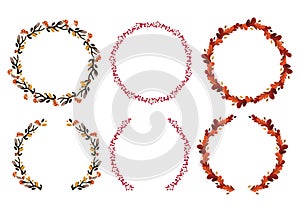 Set of autumn leaves frames. Autumnal wreath illustration with colorful leaves and berries vector