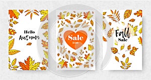 Set of Autumn sale flyer template with orange leaves. Fall promotion. Poster, banner, card, label, and other design.