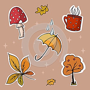 set of autumn stickers mushroom fly agaric cup with hot drink umbrella with raindrops tree and autumn leaves