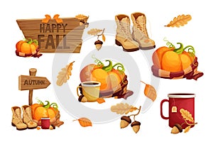 Set autumn stickers with pumpkin warm scarf, cup with hot beverage decorated with acorn and leaves, boots, wooden