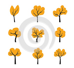 Set Autumn Tree Icon. Vector outline Illustration. Plant in Garden