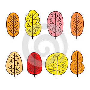 Set of autumn trees abstract linear icons. Hand-drawn forest trees.
