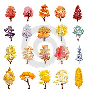 Set of autumn trees. hand drawn watercolor illustration