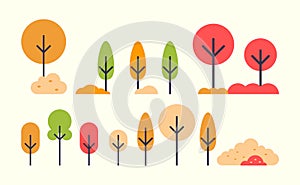 Set of Autumn Trees Icons in Flat Style. Autumnal