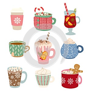 Set of Autumn and Winter drinks Vector Flat illustration. Hand drawn Cup with Cappucino, Coffee, Hot chocolate, Cacao, Tea, Mulled