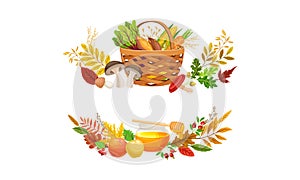 Set of autumn wreath with colorful leaves, basket of vegetables and jar of honey set. Thanksgiving Day decor elements