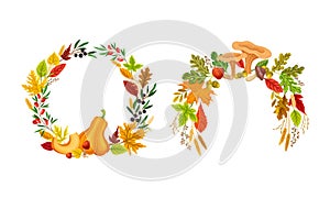 Set of autumn wreath with leaves, pumpkin, mushrooms and berries. Thanksgiving Day decor elements vector illustration