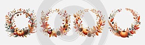 Set of autumn wreath of watercolor leaves, branches, berries and acorns. Vector fall illustration for greeting cards, wedding