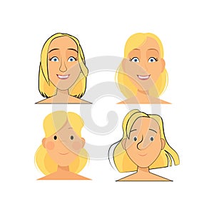 Set of avatars of a blonde woman with a smile and blue eyes