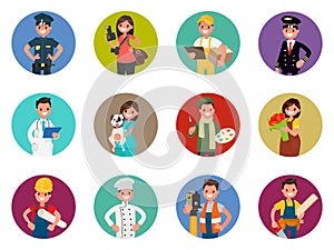Set of avatars characters of different professions: policeman, photographer, courier, pilot, doctor and others. Vector illustrati