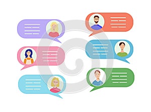 A set of avatars of different men and women in speech bubbles. Concept of chat, message, web communicate, messenger. Vector