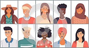 Set of avatars in flat design. Positive young people different nationalities. Stylish person faces