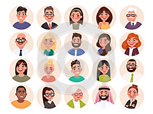 Set of avatars of happy people of different races and age. Portraits of men and women