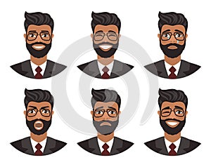 Set of avatars of men expressing various emotions: joy, sadness, laughter, tears, anger, disgust, cry.