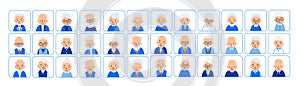 Set avatars old people. Illustrations of heads of elderly people in rounded squares. Symbols aged faces. Illustration of people