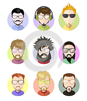 Set avatars profile flat icons, different characters. Trendy beards, glasses.
