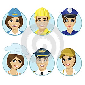 Set of avatars, working man, stewardess, policewoman, chef, pilot on a white background