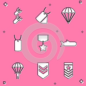 Set Aviation bomb, Military dog tags, Parachute, reward medal, Submarine, and Chevron icon. Vector