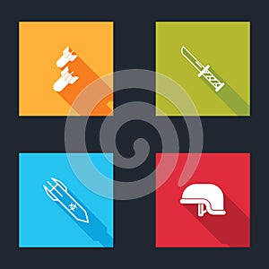 Set Aviation bomb, Military knife, Biohazard rocket and helmet icon. Vector