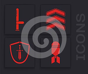 Set Aviation bomb, Police rubber baton, Military rank and Medieval shield with sword icon. Vector