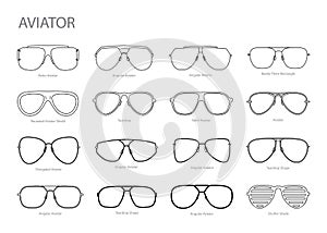 Set of Aviator frame glasses fashion accessory illustration. Sunglass front view for Men, women, unisex silhouette
