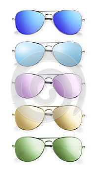 Set of aviator sunglasses in colorful polarized mirror lens, top view isolated on white background