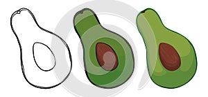 Set with avocados in outlines for coloring, flat and cartoon style, Vector illustration