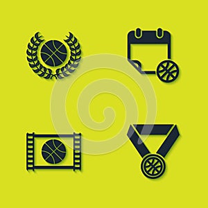 Set Award with basketball ball, Basketball medal, game video and on sport calendar icon. Vector